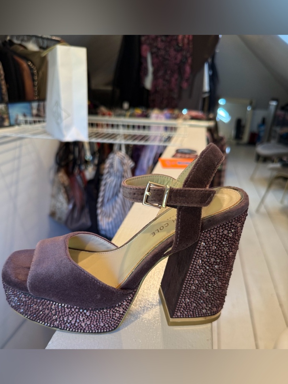 Kenneth Cole Purple Velvet Platform Sandals with Crystal Accents